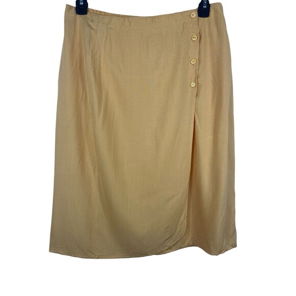 Marla Kim Vintage 90s Yellow Side Buttons Midi Modest Elastic Waist Skirt L - Picture 5 of 9